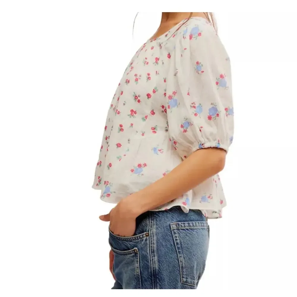 FREE PEOPLE  Chloe Floral Printed Top Tie Open Back OB1960043 TEA COMBO Medium